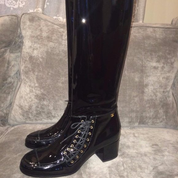 CHANEL 15A Patent Calf Leather Knee High Tall Lace Up Boots Shoes - Picture 4 of 16